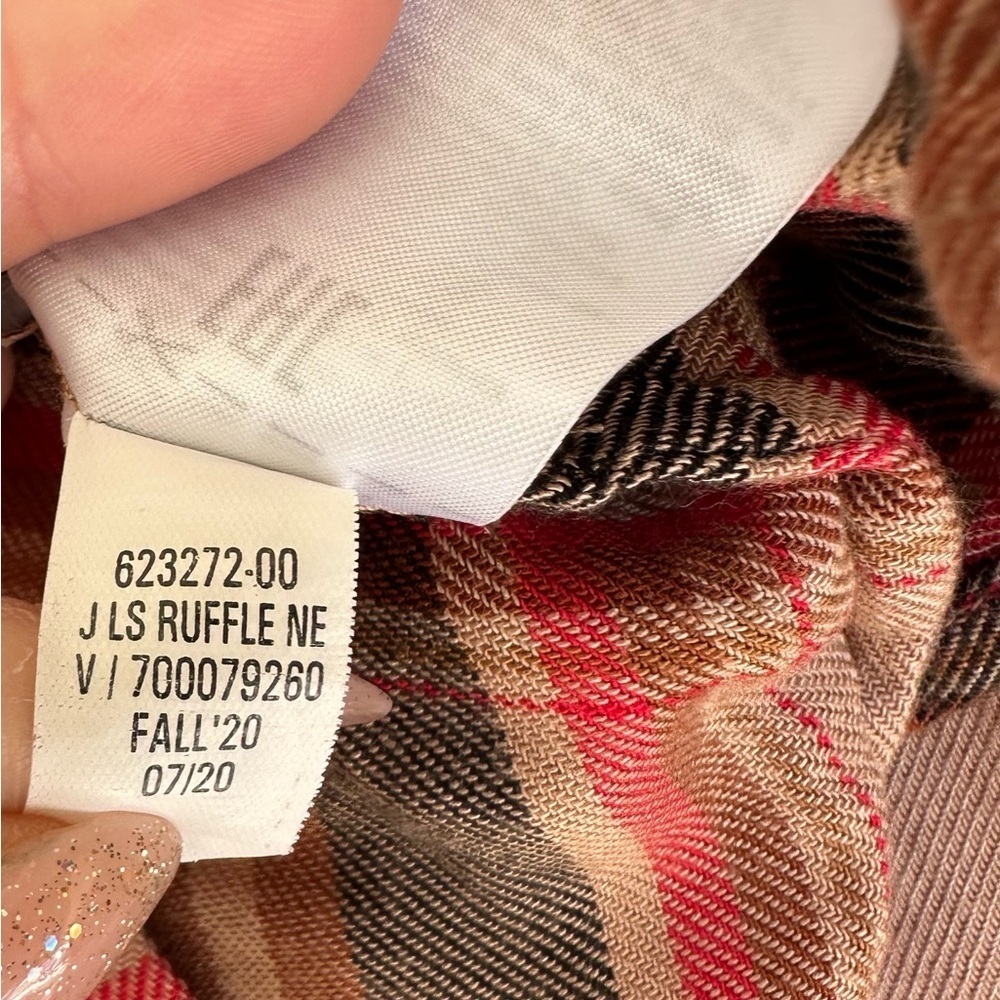 BANANA REPUBLIC Plaid Tan Black Red Button Down Ruffle Collar Small - Picture 5 of 7